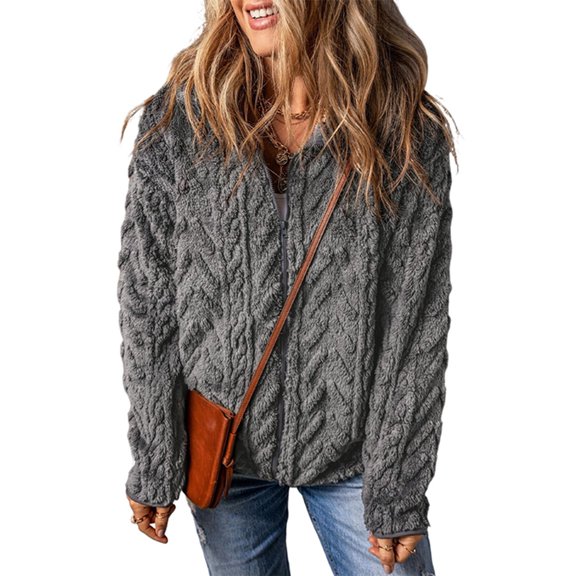Winter Fleece Jacket for Women Zipper Stand Collar Casual Coats with Pockets Gray XL