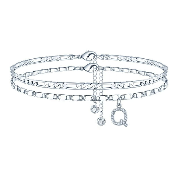 Pulsera Ursteel bañada en plata con inicial Q en capas, 21,5 cm
