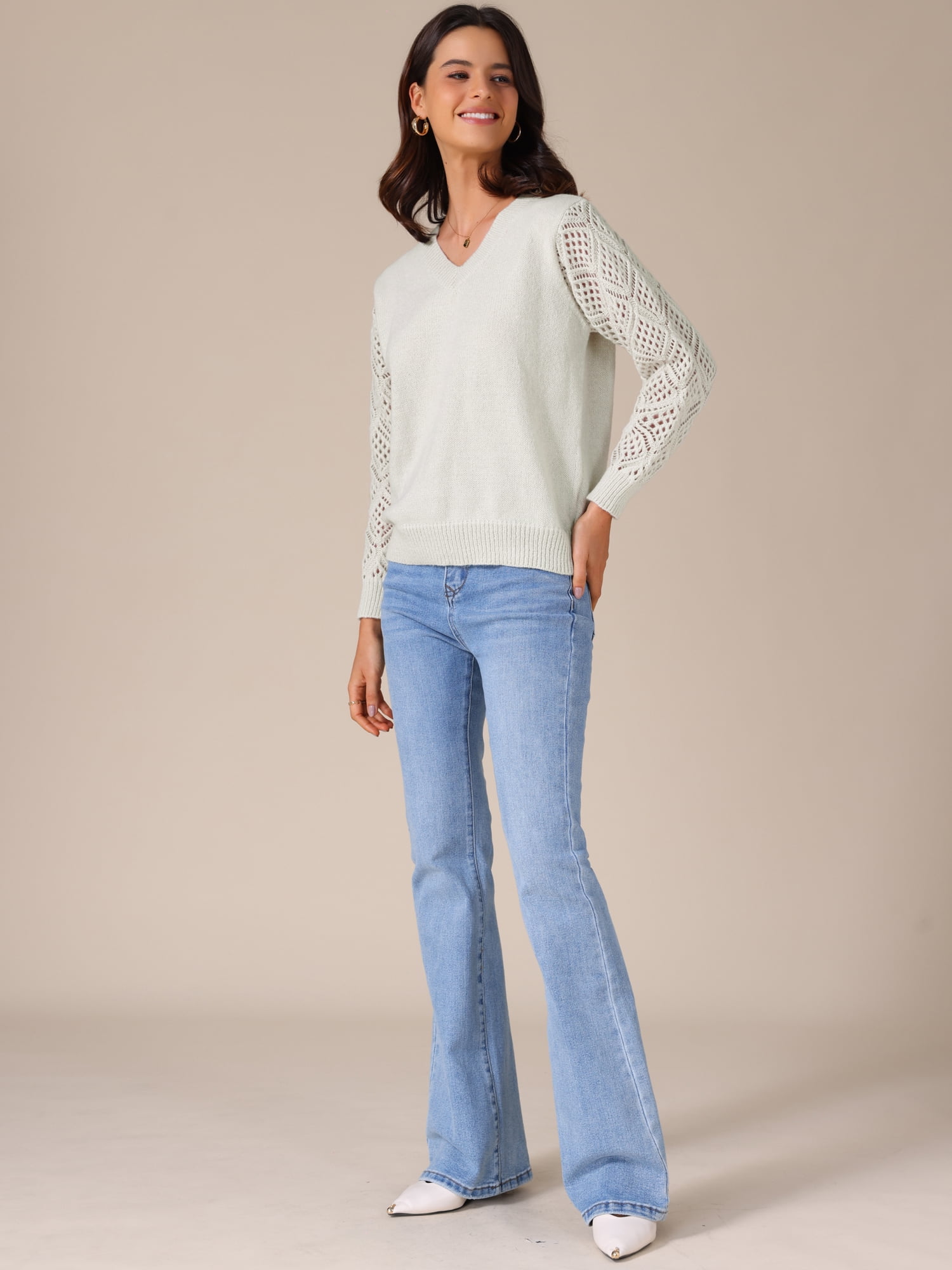 DARING DIVA Women's V Neck Hollow Out Long Sleeve Crochet Sweater Tops L Grey Beige