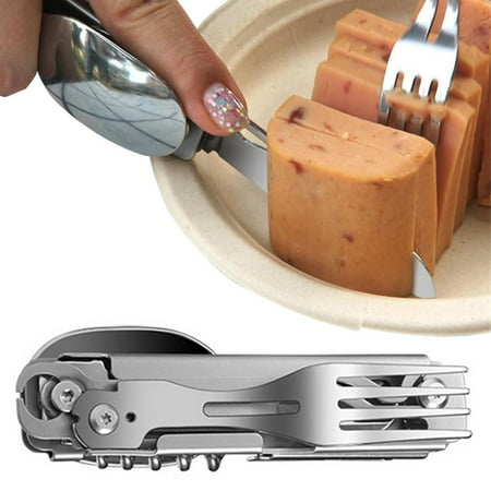 

Lucybak Multifunction Tableware Detachable Hiking Tableware Multi-Function Stainless Steel Reusable Foldable Fork Knives Spoon Bottle Opener for Travel Hiking Survival Flatware show