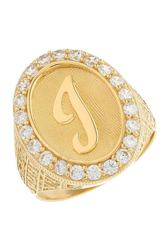 10k Yellow Gold Mens Oval Halo White CZ Initial Letter I Ring