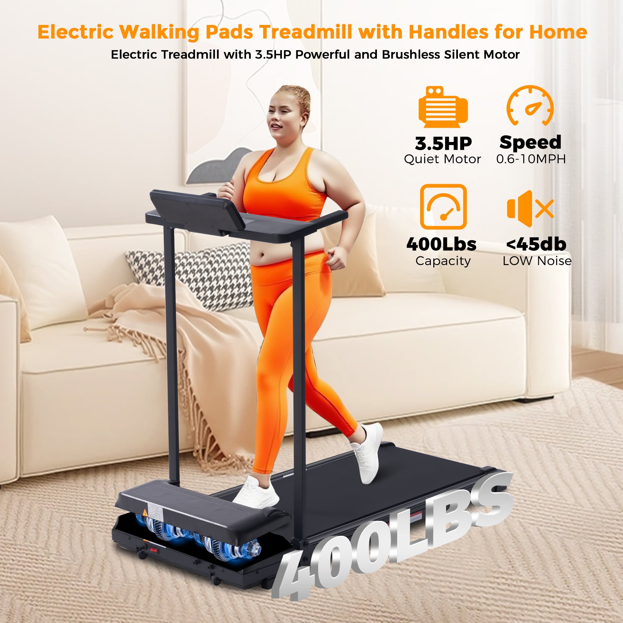 HevGlrm Walking Pad Treadmill for Home Workouts, 3.5HP Compact Folding Under Desk Treadmill,Portable Foldable Treadmills with Handles,LED Display 400lbs