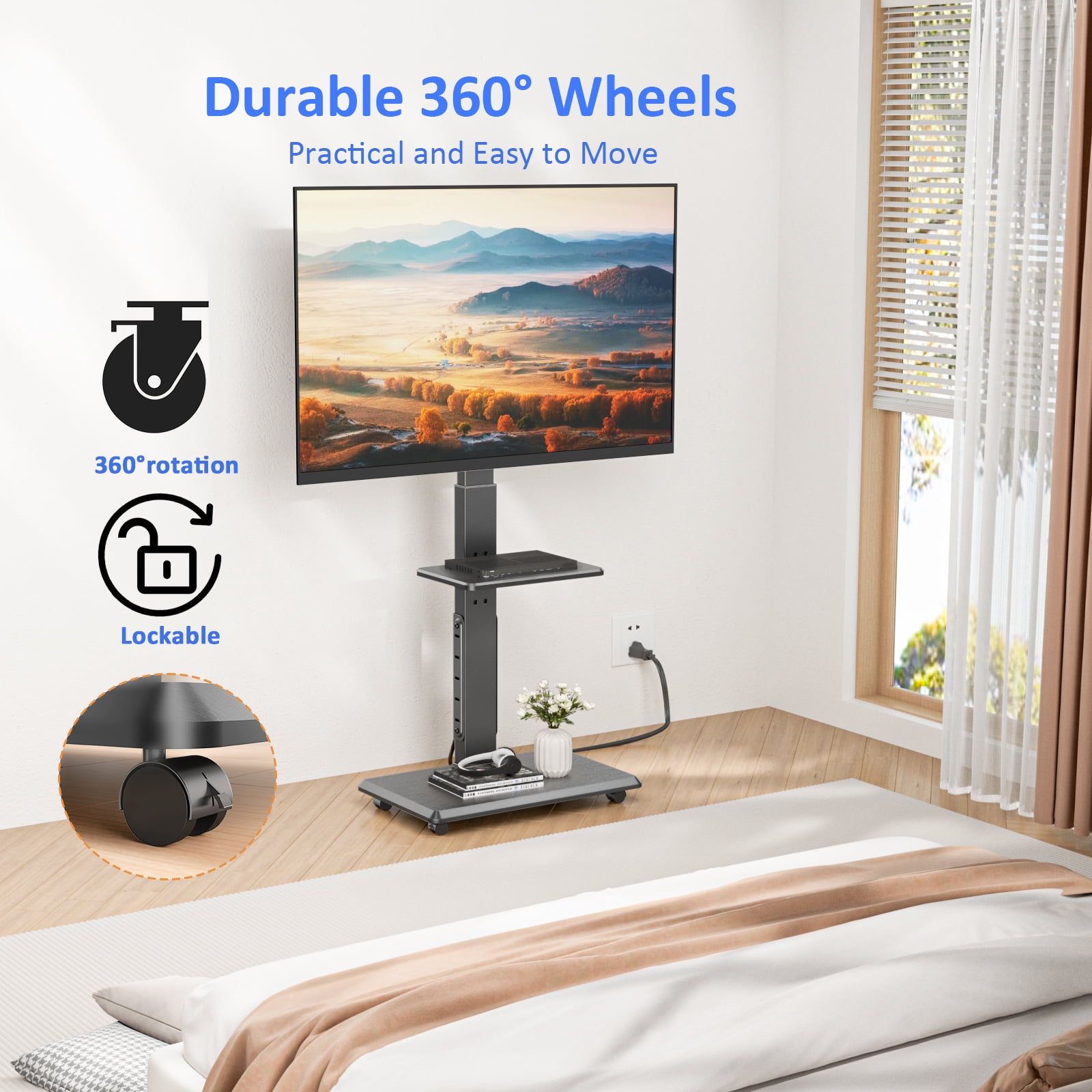 Rolling TV Stand with Power Outlet, Mobile TV Cart for 32-75 Inch TVs up to 110 lbs, 18 Adjustable Heights, Max VESA 600x400mm, TV Floor Stand with Swivel Mount/Shelf/Wheels, Fits for Bedroom