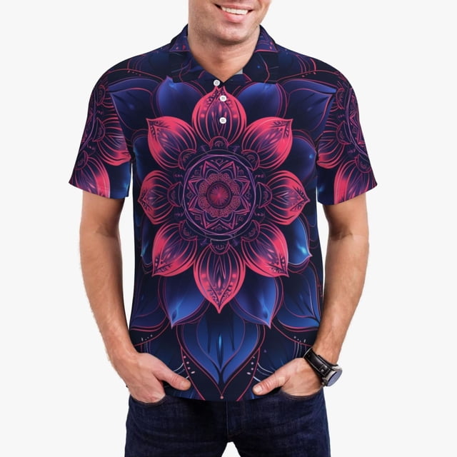 Fotbe Bohemian Vintage Pattern Camiseta Polo de Golf para Hombre con Estampado – Camisa Deportiva Transpirable con Cuello Abotonado-Large