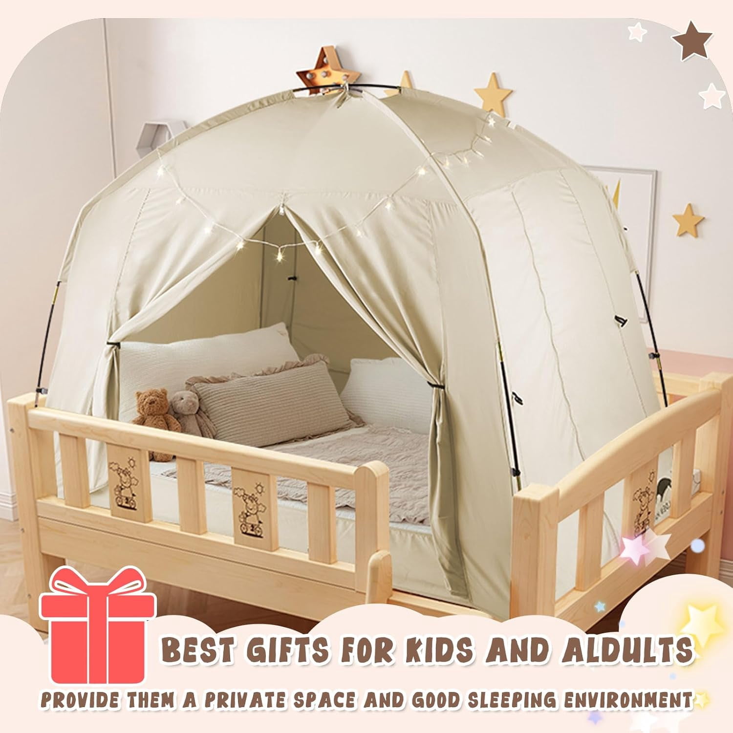 Bed Tents for Kids and Adult, Portable 100% Breathable and 85% Blackout Toddler Dream Play Tent, 3 Doors Big Privacy Space Sleeping Canopy for Floor or Twin Full Queen Sizes Bed (Khaki, Twin-Size)