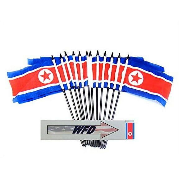 Pack of 12 4"x6" North Korea Polyester Miniature Desk & Little Table Flags, 1 Dozen 4"x 6" Peoples Republic of North Korea Small Mini Hand Waving Stick Flags