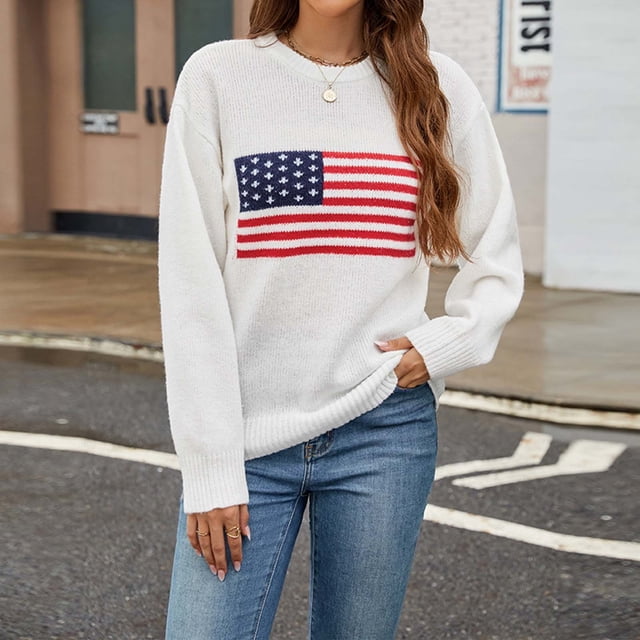 EGNMCR Chandail à Col Rond pour Femme Hiver Ample Chandail Imprimé Drapeau Manches Longues Chandail à Col Rond Haut Femme Hauts en Polyester