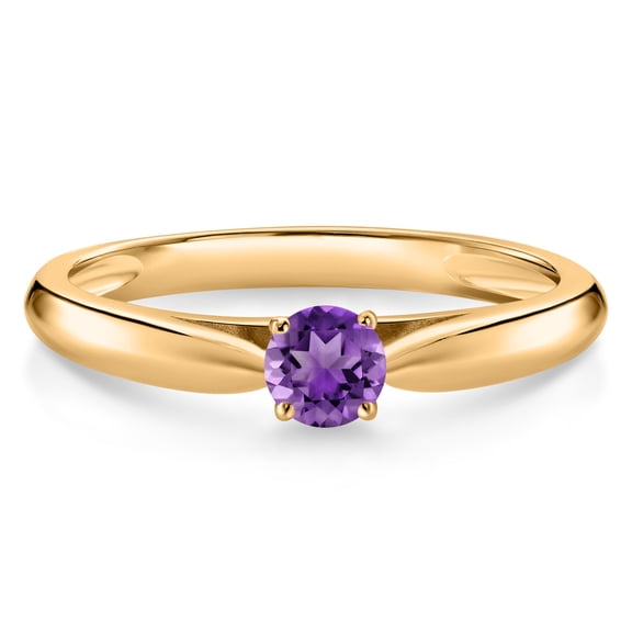 Gem Stone King 0.16 Cttw Round Purple Amethyst Solitaire Engagement Ring for Women | 10K Yellow Gold | Round 3.5MM | Gemstone Birthstone | Wedding Engagement Anniversary Ring for Women | Size 7