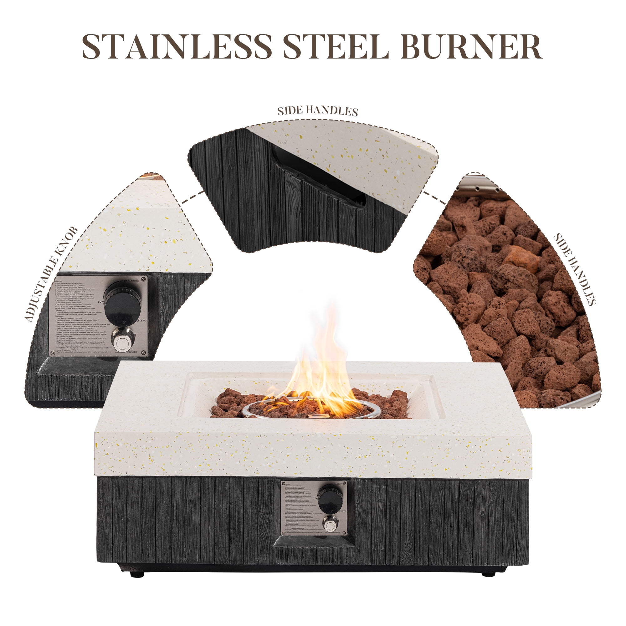 VENTOPYR 35" Square Dual-Texture Concrete Fire Pit Table with Cover & Lava Rocks​​