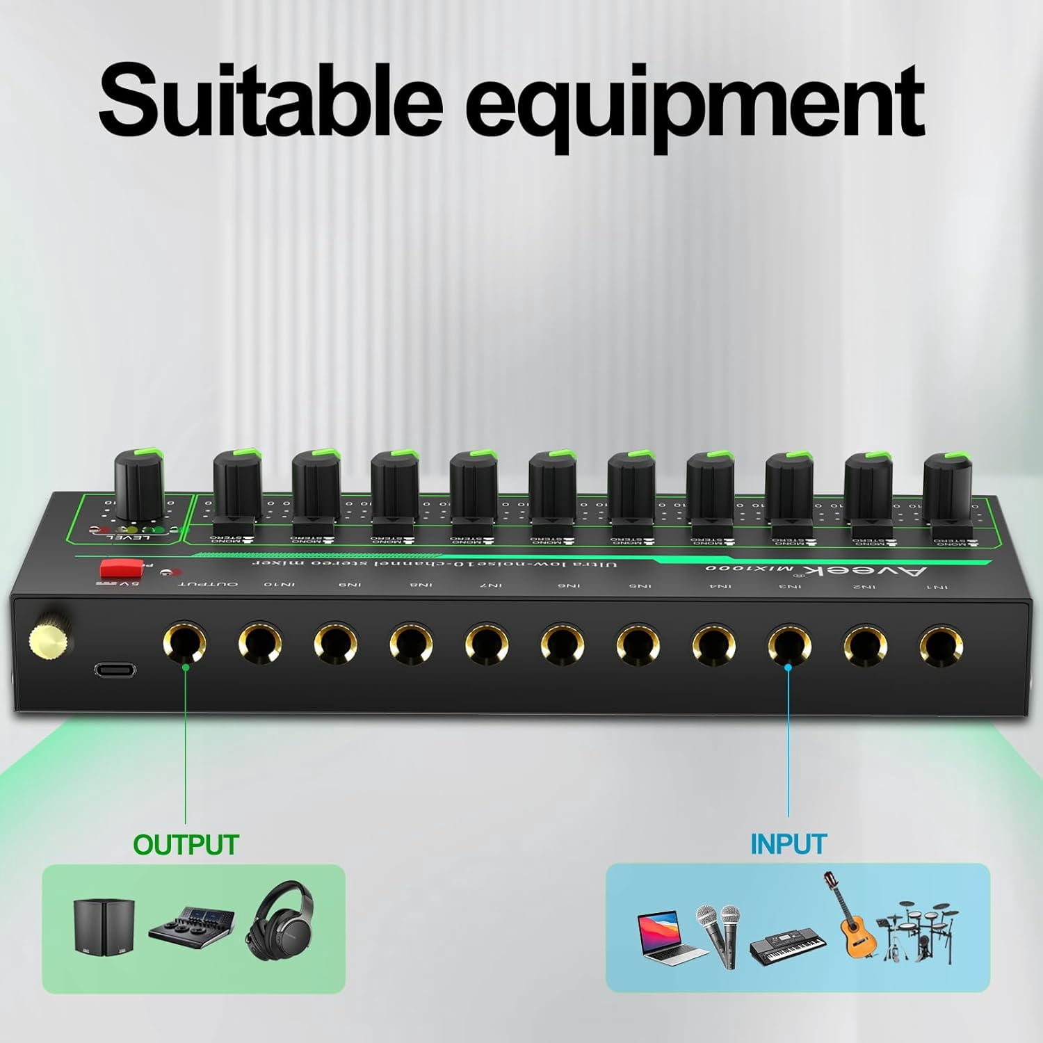 Aveek 10 Channel Mixer - Mini 10 Stereo Audio Mixer, Low-Noise for Precision Sub-Mixing,1/4" TRS Ideal for Mics/Guitars/Bass/Stage
