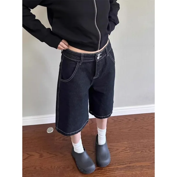 Pantalones cortos Y2k para mujer, vaqueros rectos de cintura alta, Vintage, hasta la rodilla, pierna ancha, holgados, estilo Preppy, Verano