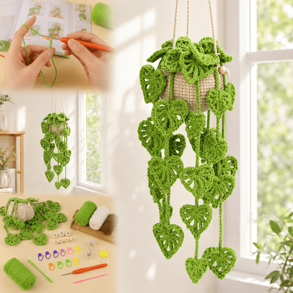 Genreen Beginners Crochet Kit, Amigurumi Crochet Starter Kits w Step-by-Step Video Tutorials, Hanging Potted Plants Knitting Starter Pack for Beginners Decoration, Plants Family (40%+ Yarn)