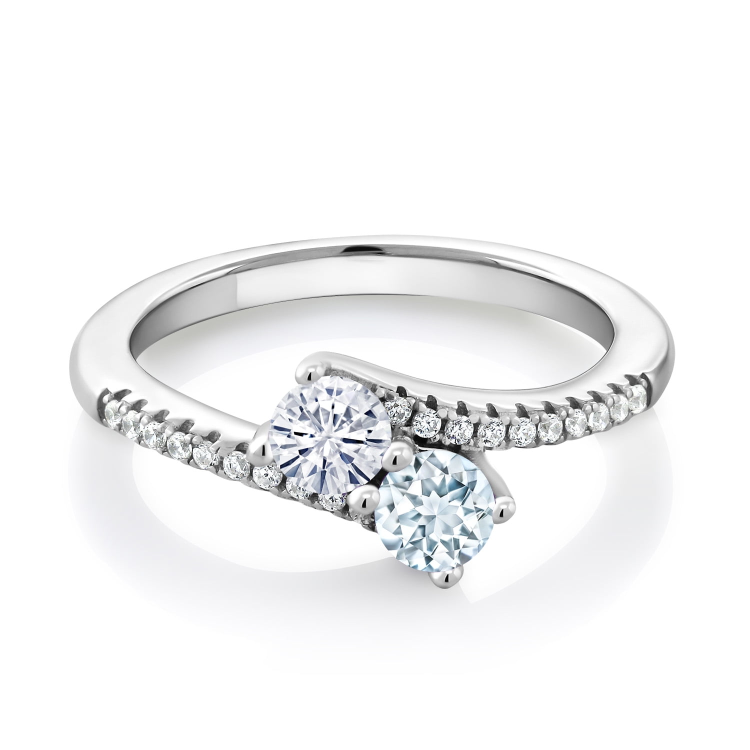 Gem Stone King 925 Sterling Silver White Moissanite and Sky Blue Aquamarine Bypass Ring for Women (0.72 Cttw, Gemstone Birthstone, Round 4MM, Available in Size 5, 6, 7, 8, 9)
