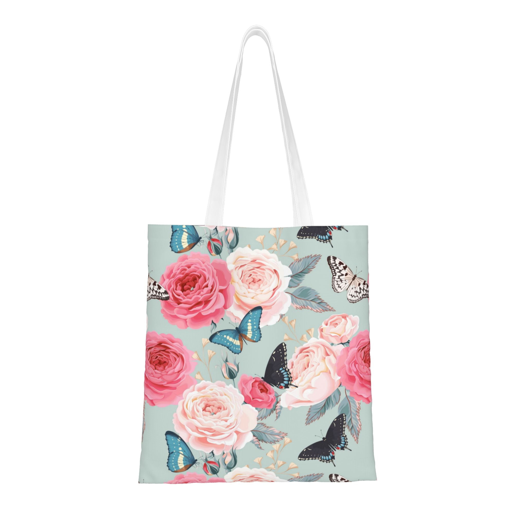 DouZhe Reusable Grocery Bags Vintage Pink Roses Butterflie Lightweight Polyester Canvas Cloth Tote Bag for Travle Gym Shopping School 15 x 16 Walmart