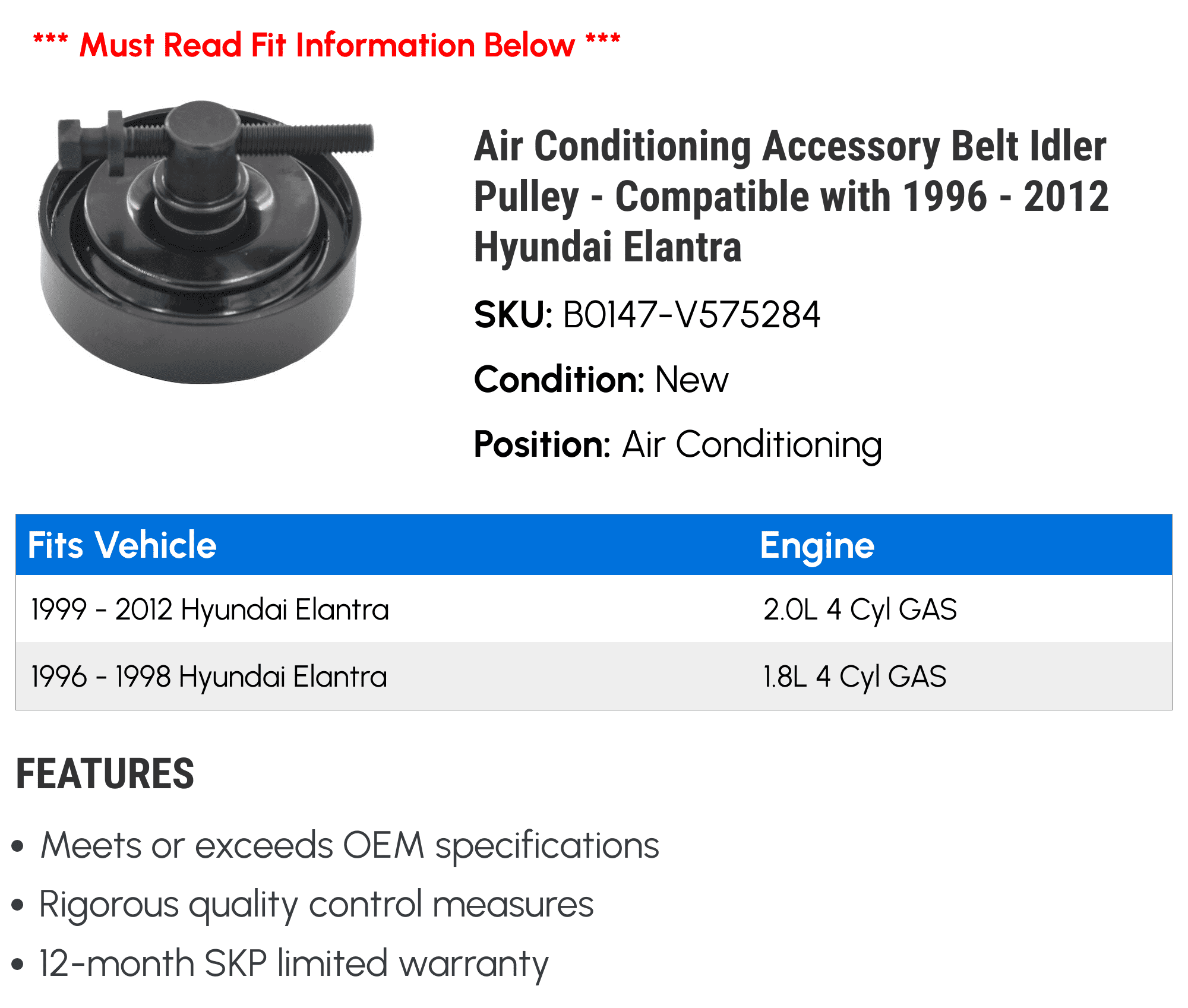 Air Conditioning Accessory Belt Idler Pulley - Compatible with 1996 - 2012 Hyundai Elantra 1997 1998 1999 2000 2001 2002 2003 2004 2005 2006 2007 2008 2009 2010 2011