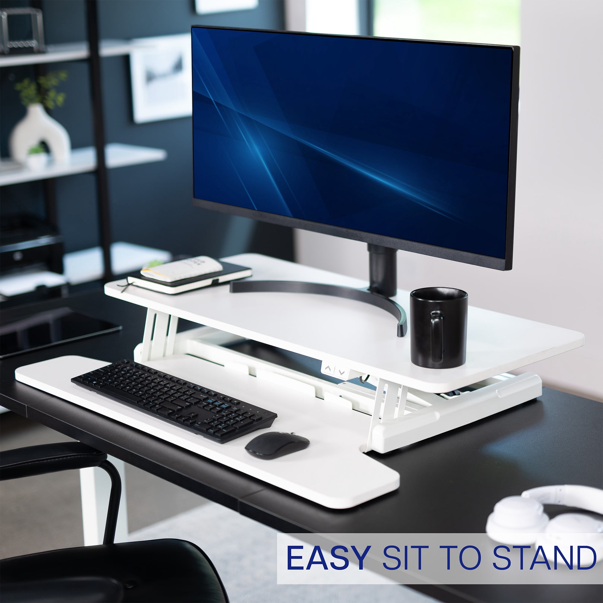 VIVO White Electric 36" Standing Desk Monitor Riser, Dual Arm Sit Stand Tabletop
