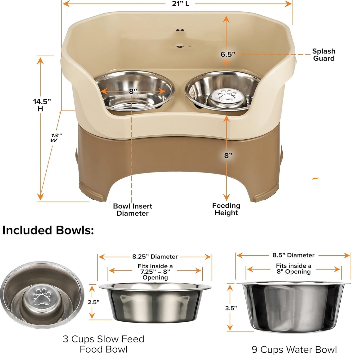 Deluxe Mess Proof Dog Bowls Elevated for Large Breeds – – No Spill Raised Slow Feeder Elevated Dog Bowl Stand, Stainless Steel Food and Water Bowl Set, Cappuccino