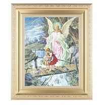 Guardian Angel Picture Framed Wall Art Decor Large, Satin Gold Fluted Frame with Distressed Finish and Fine Detailed Scrollwork