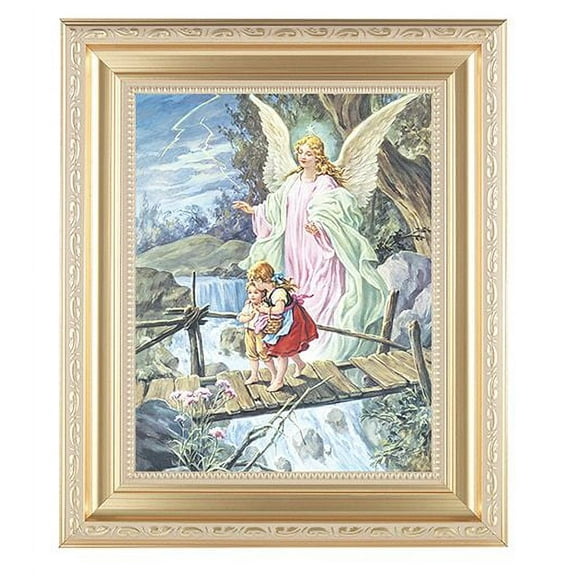 Guardian Angel Picture Framed Wall Art Decor Large, Satin Gold Fluted Frame with Distressed Finish and Fine Detailed Scrollwork