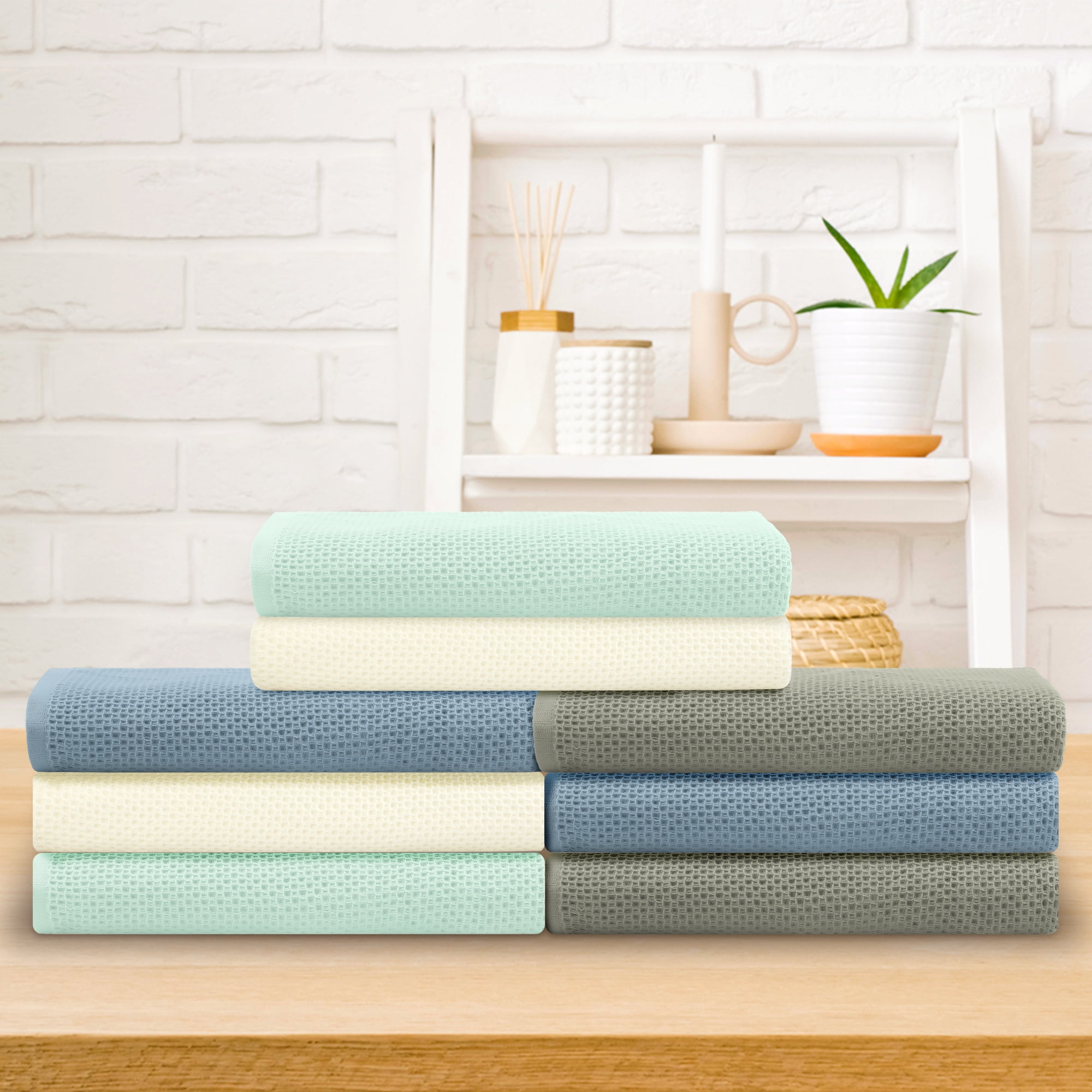 Unique Bargains Waffle 2 Pack Cotton Bath Towel Set Soft Highly Absorbent Towels Blue 28" x 56"