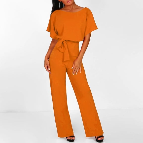 Vedolay Rompers For Women Jumpsuits for Women Casual Summer 2023 Cutout Sleeveless Crewneck Drawstring Waist Long Pants Romper,Orange XL