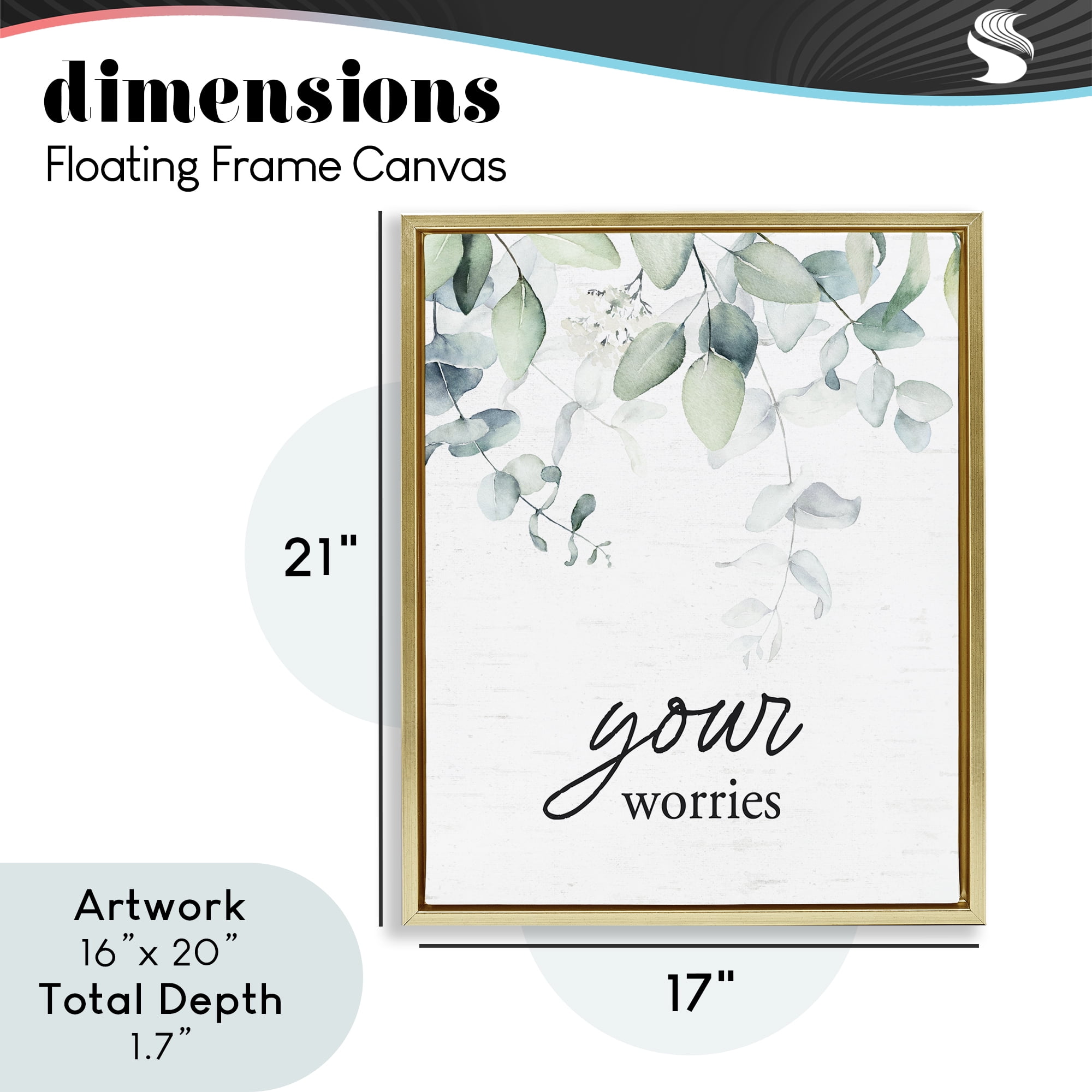 Your Worries Eucalyptus Gold Framed Floater Canvas Wall Art, design by Lettered and Lined