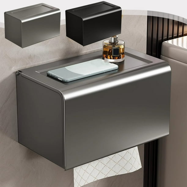 Soporte para papel higiénico montado en la pared - Estante de papel en rollo de ventosa, sin taladro caja de papel de aleación gris para baño, cocina, 20x13x12cm
