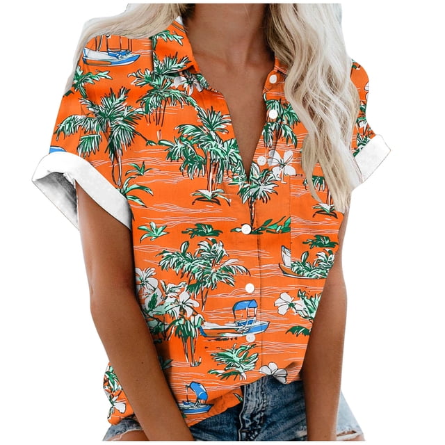 Pantalones Cortos para las Mujeres Impresión Sexy Cómodo Bolsillo de Manga Corta, Botón Top Blusa Camiseta