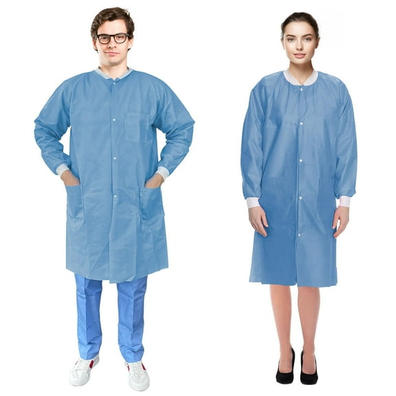 Disposable Lab Coat 44 Inches Long, Large. Pack of 10 Blue SMS Disposable Lab Coats for Adults. 50 GSM Disposable Coats Medical with 3 Pockets, Front Snaps, Knit Cuffs, and Collar