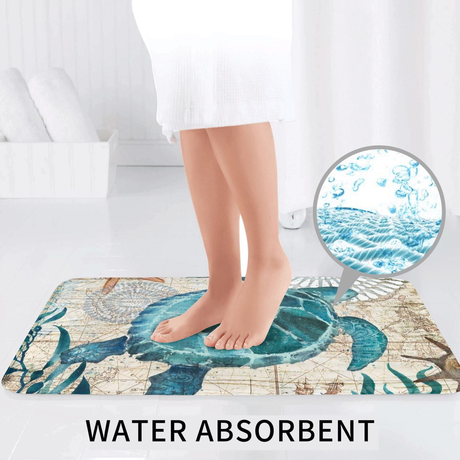 Bathroom Rugs Sets 3 Piece - Watercolor Sea Turtle Absorbent Non Slip Bath Mats, U-Shape Toilet Lid Cover, Contour Mat, Soft Washable Shower Mats Bath Rug Mat for Bathroom Tub Toilet