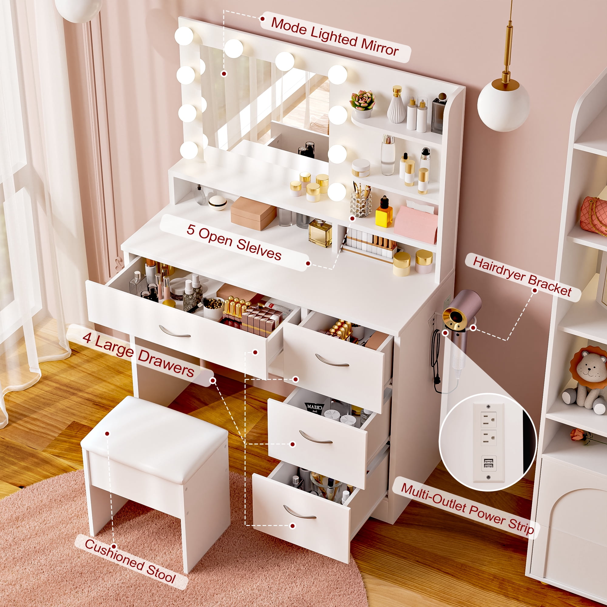 LIVELYGLOW Makeup Vanity Set with Stool, Lighted Mirror, Vanity Desk with 5 Shelves & 4 Drawers, Power Outlet & Hairdryer Holder, Vanity Dressing Table Perfect gift for Bedroom - White