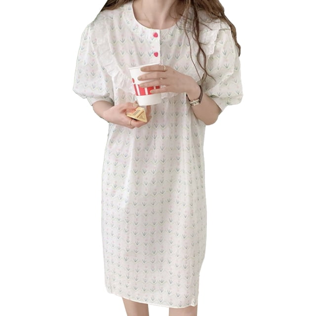 Bienvenido Camisón de mujer con cuello redondo, manga corta abombada, estampado floral, ajuste holgado, ropa de dormir, vestido de dormir, flor naranja XL