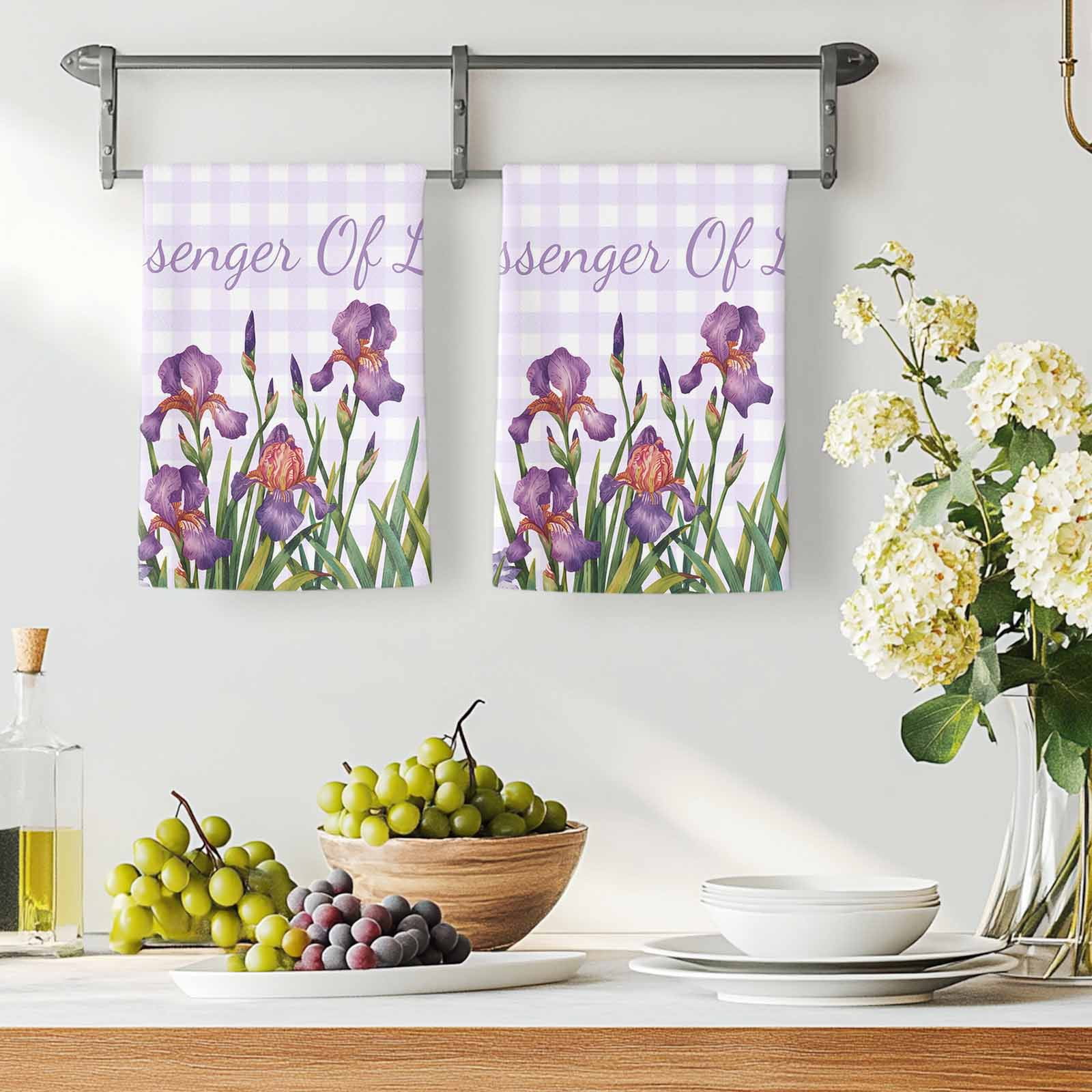 Dish Towels, Iris Flowers Absorbent Kitchen Towels 2 PCS, Floral Purple Buffalo Plaid Microfiber Hand Towels Dish Cloths Tea Towels for Home&nbsp;Bathroom Cleaning Drying,18X28-Inch,