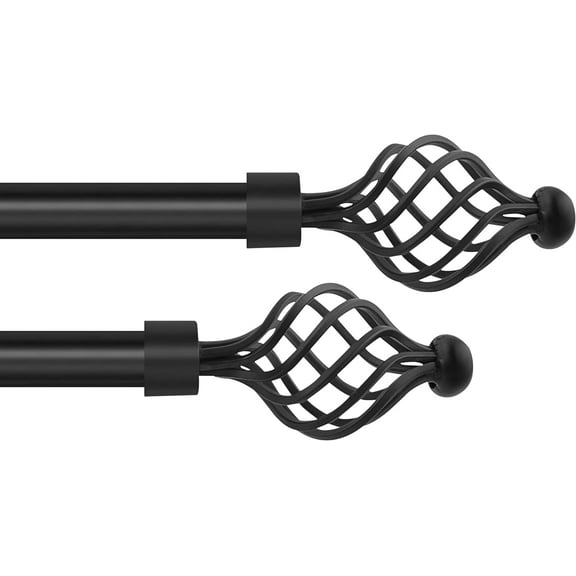 Deco Essential 36 to 66 inches Extendable Curtain Rod with Swirl Finials (3/4" Diameter, Black)- Set of 2