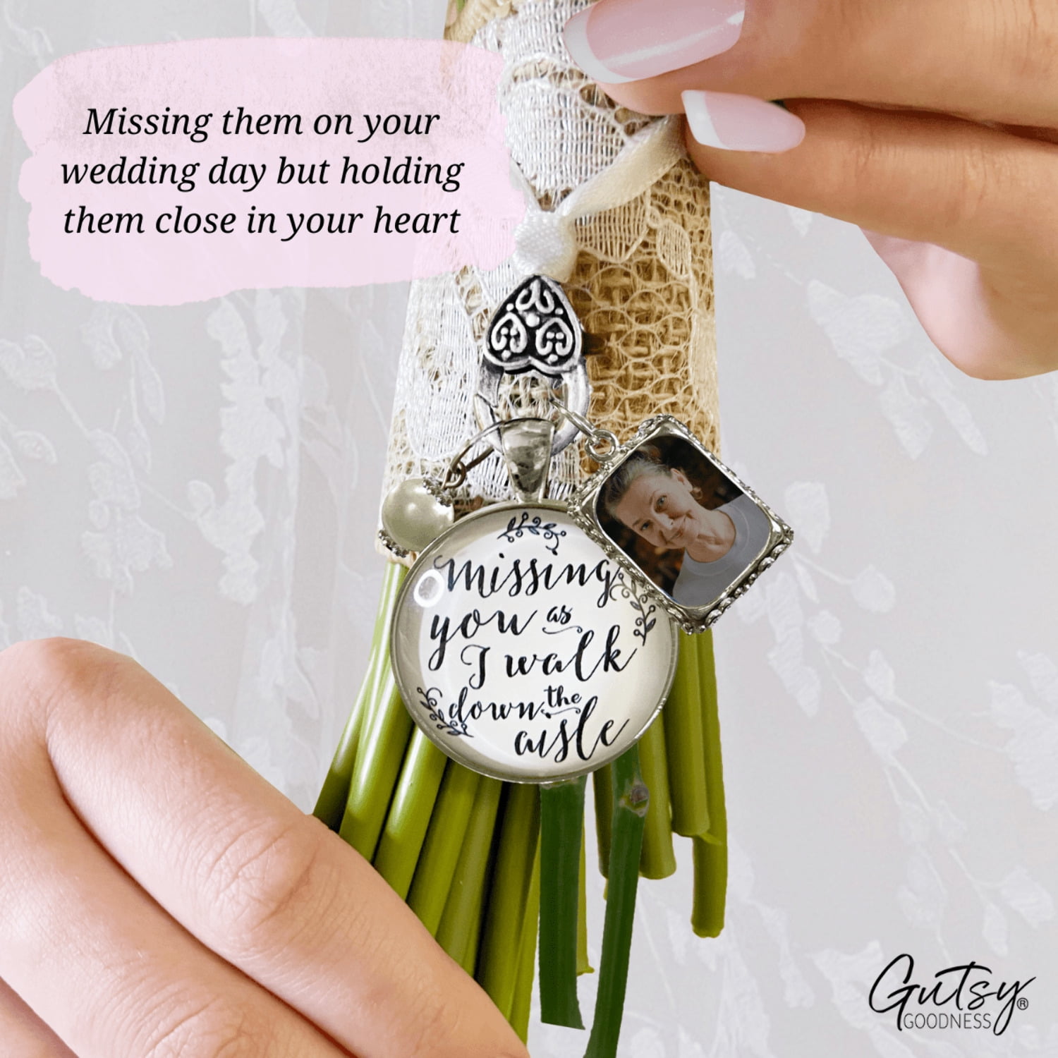 Wedding Bouquet Memorial Charm for Bride Missing You As I Walk Down the Aisle Silver White Pendant Photo Frame
