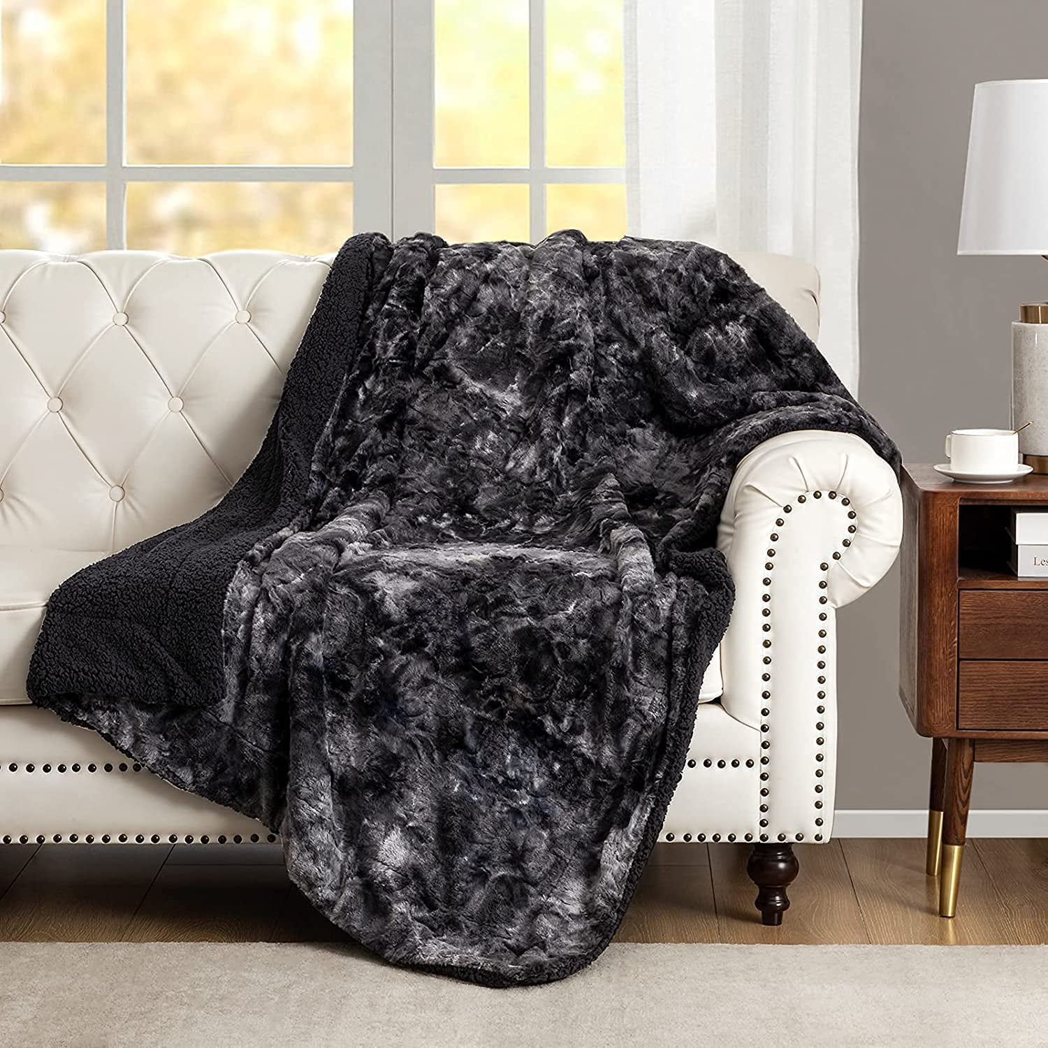 Faux Fur Fuzzy Throw Blanket Cozy Tie dye Sherpa Warm Soft Throw Blanket for Bed Chair Sofa Couch Decor Throws 50x60inch Black