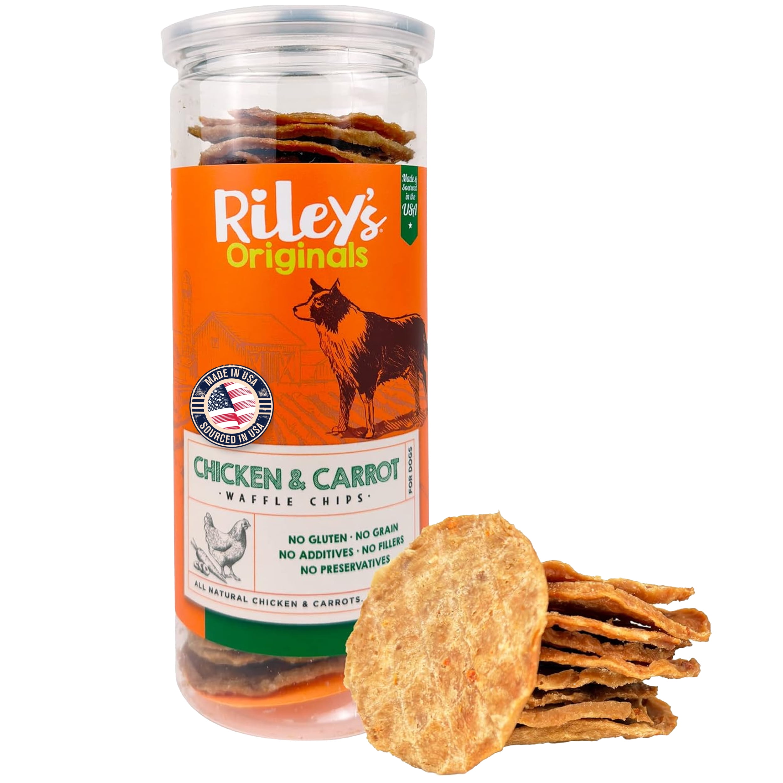 Riley's Chicken and Carrots Waffle Chips Dog Treats- USA Sourced Chicken Dog Treats, Limited Ingredient Dog Treats, Dehydrated Jerky Treats Made in USA