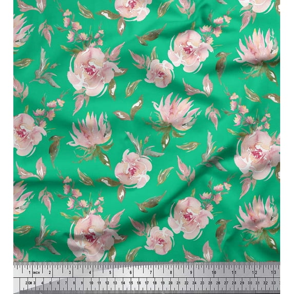 Soimoi Green Heavy Canvas Fabric Flower & Leaves Watercolor Print Fabric by the Yard 58 Inch Wide