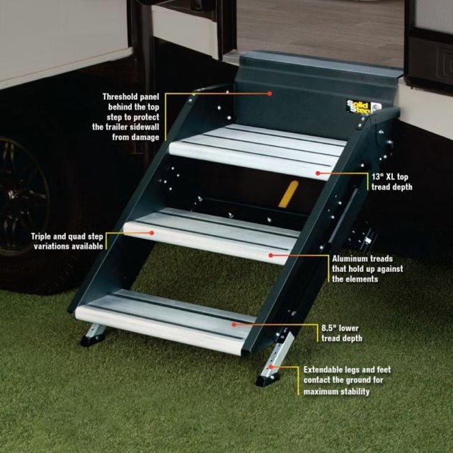 Lippert Components Entry Step 791573 SolidStep 3.0; 3 Manual Fold-Up Steps; With 8 Inch Rise; 400 Pound Capacity; Square Edge Step With Anti-Skid Step Tread; Black Steel With Aluminum Treads