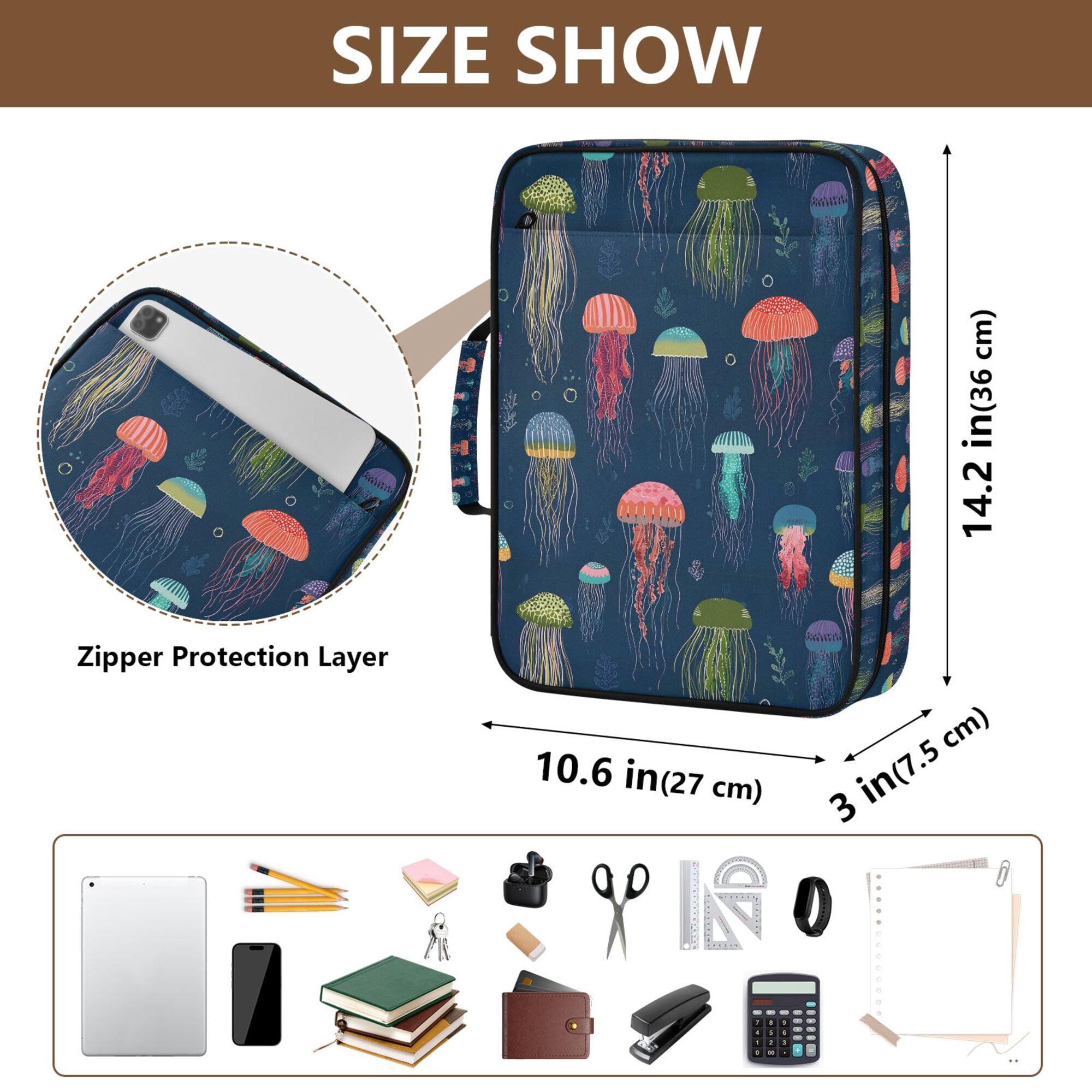 FORMRS Accordion File Folder A4 Size 7-Pocket Expanding Document Organizer Bag with 3 Ring Binder, Cartoon Jellyfish Pattern