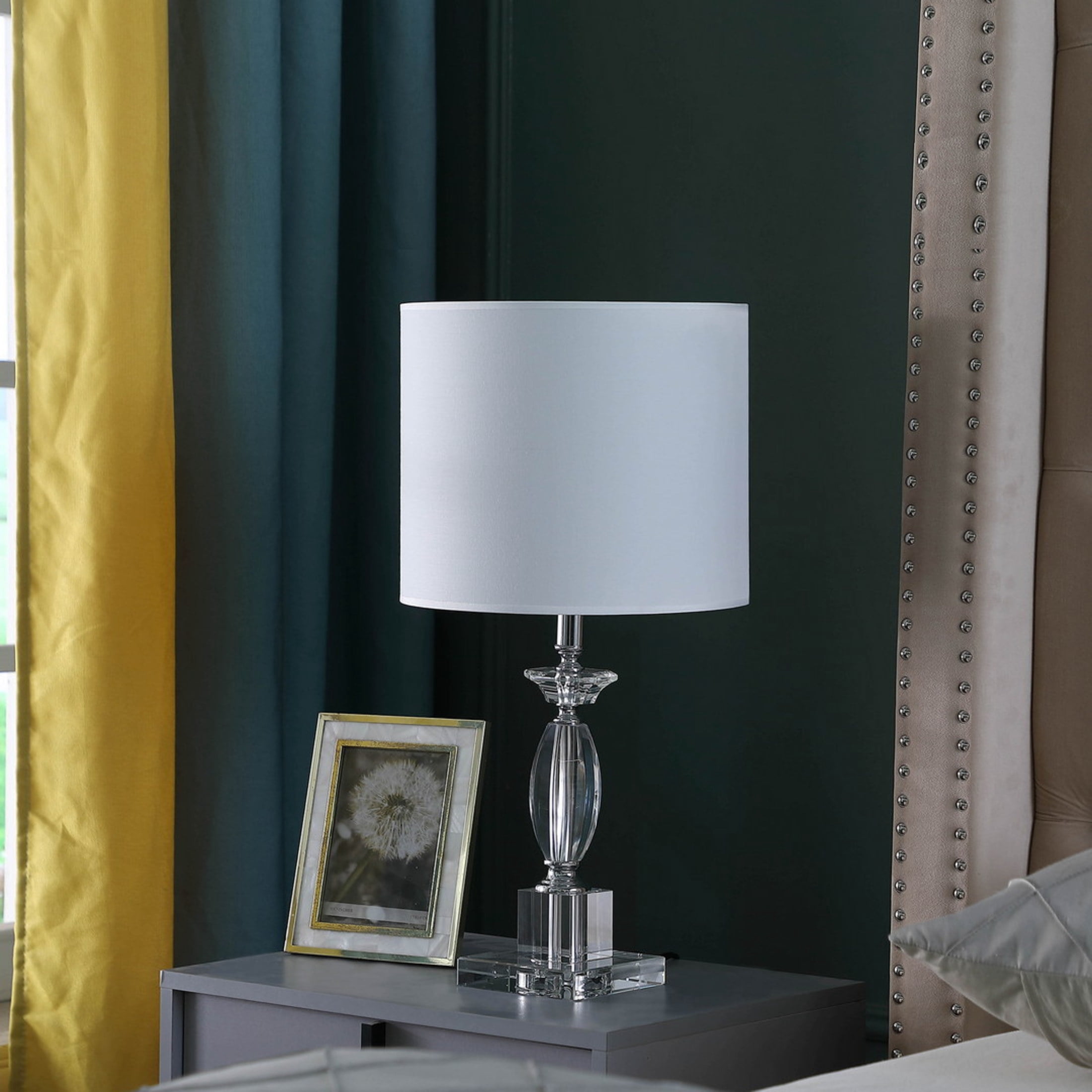 Noble House Emmil 23.25" Cut-Crystal Table Lamp, White Drum Shade, E26 Bulb, Modern Accent Compact Design, Clear