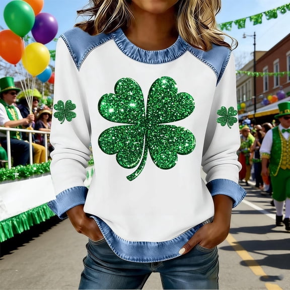 St. Patrick's Day Shirt for Women Glitter Four Leaf Clover Graphic Sweatshirt Long Sleeve Crewneck Raglan Denim Stitching Casual Festival Apparel Gift For Her