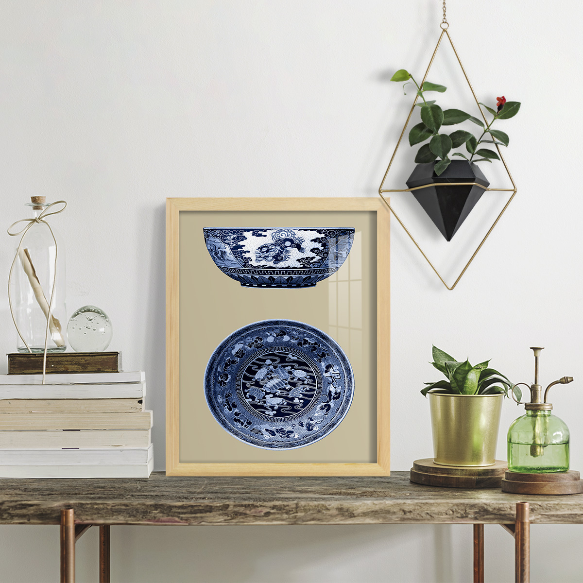 Porcelain in Blue and White I -Framed Print w/glass-Natural Wood