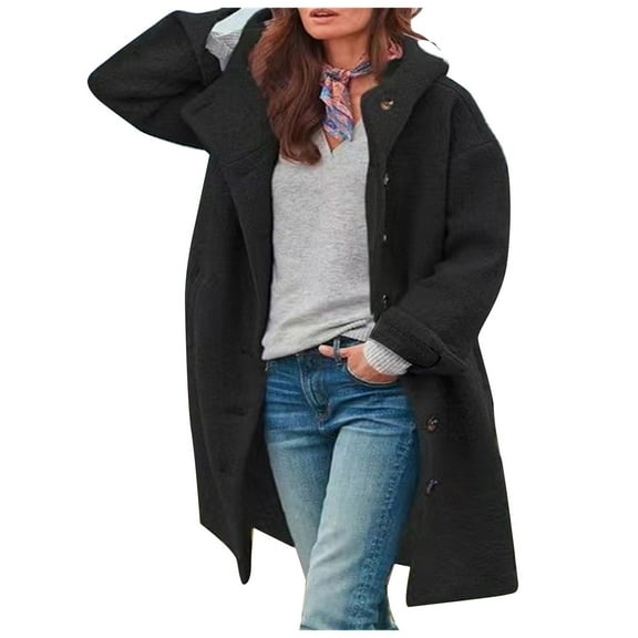 Lndajk Womens Winter Warm Wool Pea Coat Hooded Casual Long Trench Coat Peacoat Jacket with Pockets Outerwear Black 2XL