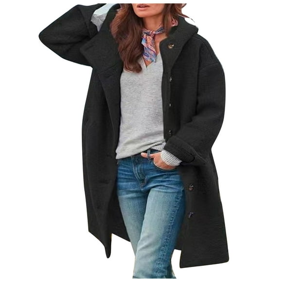 Lolmot Womens Casual Solid Color Long Sleeve Button Hooded Woolen Coat