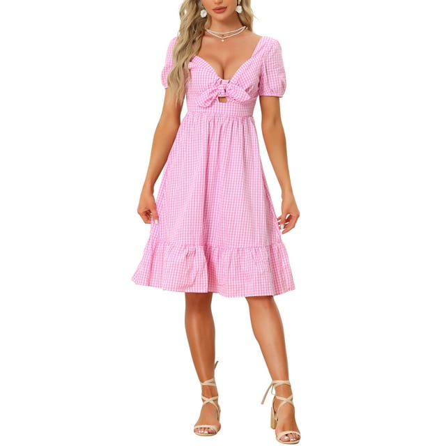 Vestido Casual INSPIRE CHIC para Mujeres con Corte Gingham y Escote Corazón con Nudo Rosa S