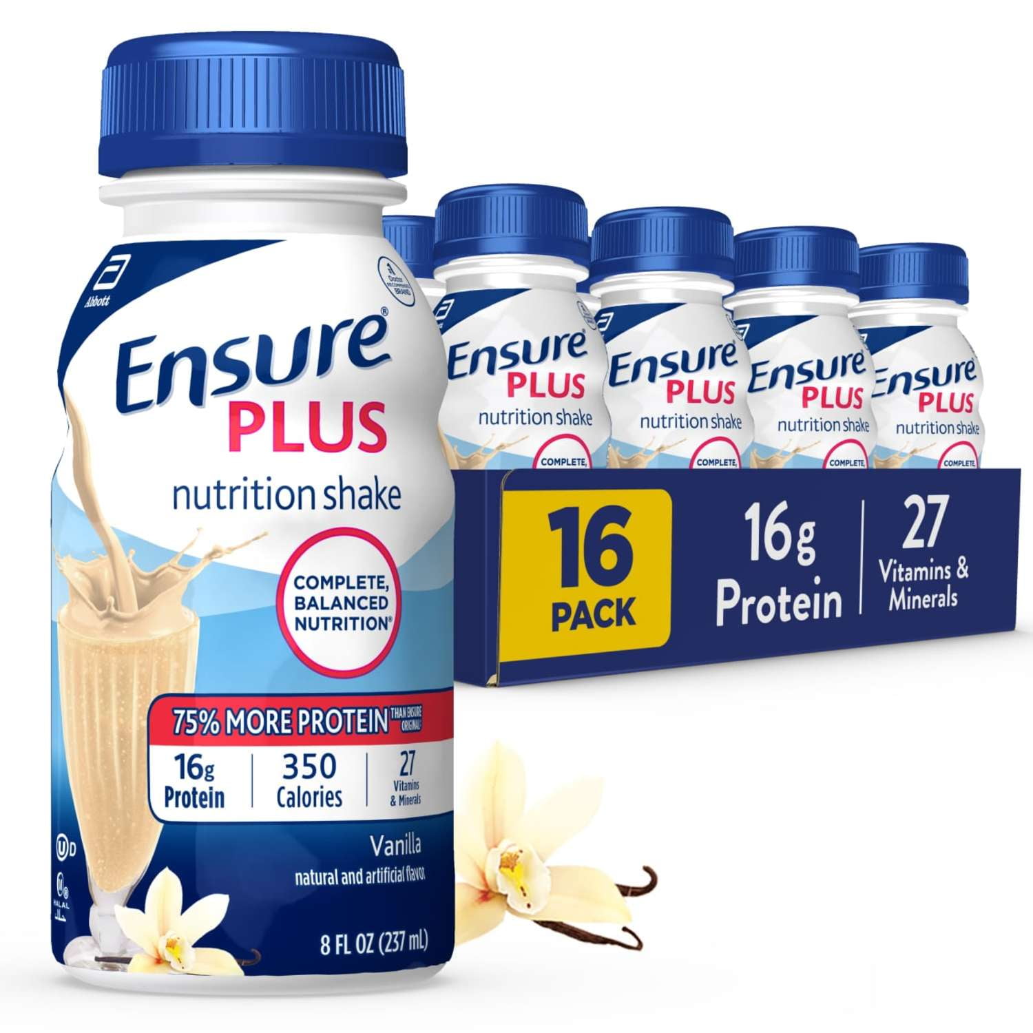 Ensure Plus Meal Replacement Nutrition Shake, Vanilla, 16g Protein, 8 fl oz - 16 Pack