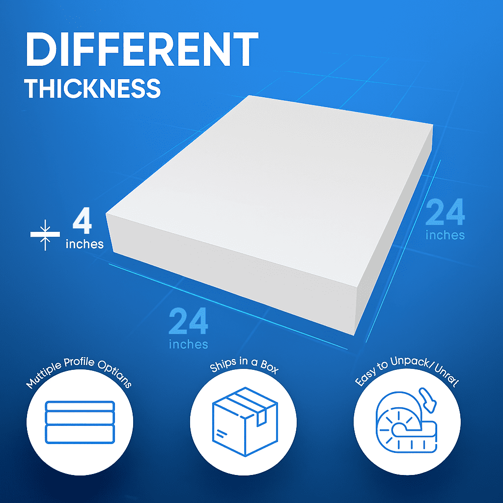 QOMFY 4" Height x 24" Width x 24" Length 1.8 Density 44ILD Firm Upholstery Foam Cushion Made in USA
