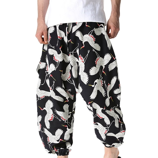 RKSTN Pantalon pour Hommes Automne Décontracté Mode Rétro Imprimé Taille Mi-Haute Bloomer Pantalon Entrejambe Pantalon Ample Pantalon Jambe Droite