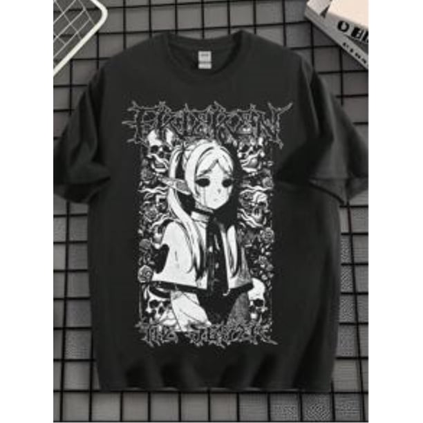 eWH Men's T-Shirt, Dark Gothic, Cartoon T-Shirt, Skeleton Rose anime Girl Pattern Printing, Y2K Style, Loose, Summer, Short Sleeve, Top